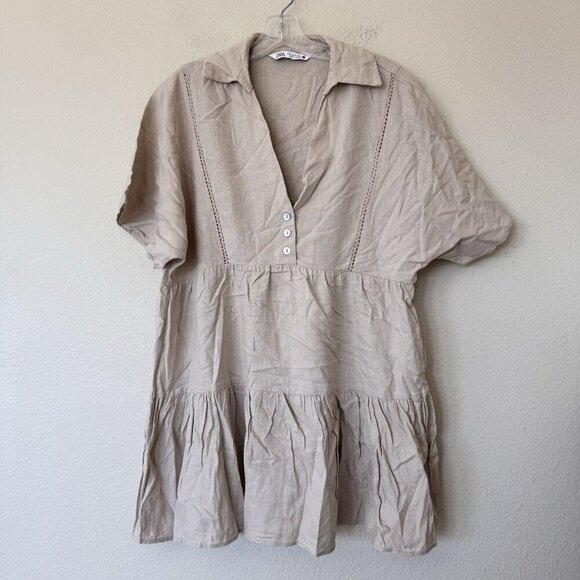Zara Lace Trim Linin Blend Mini Dress Sand Size Medium Collared Short Sleeve - Picture 2 of 8
